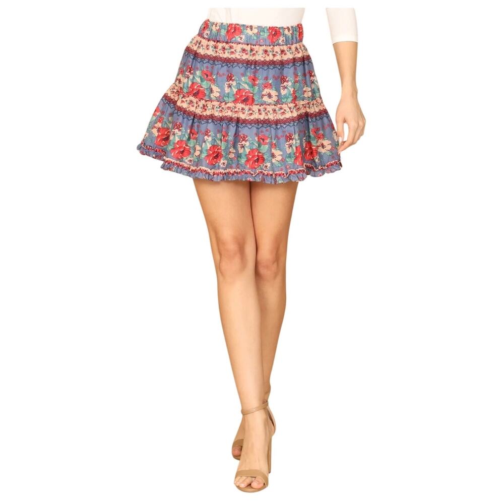Olivaceous navy‎ floral tiered ruffle lined mini skirt SIZE S